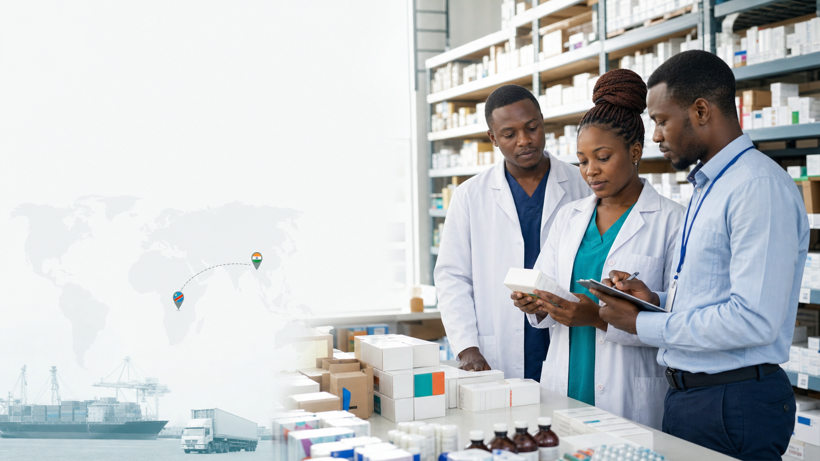 African healthcare professionals reviewing medicines and distribution supplies in a warehouse
