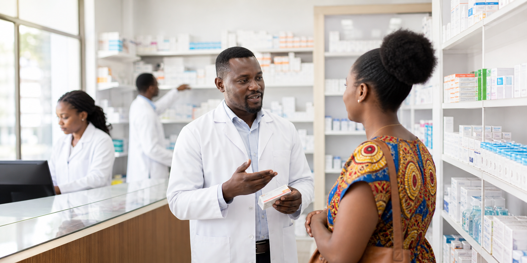 African pharmacist discussing medicine with a patient inside a pharmacy